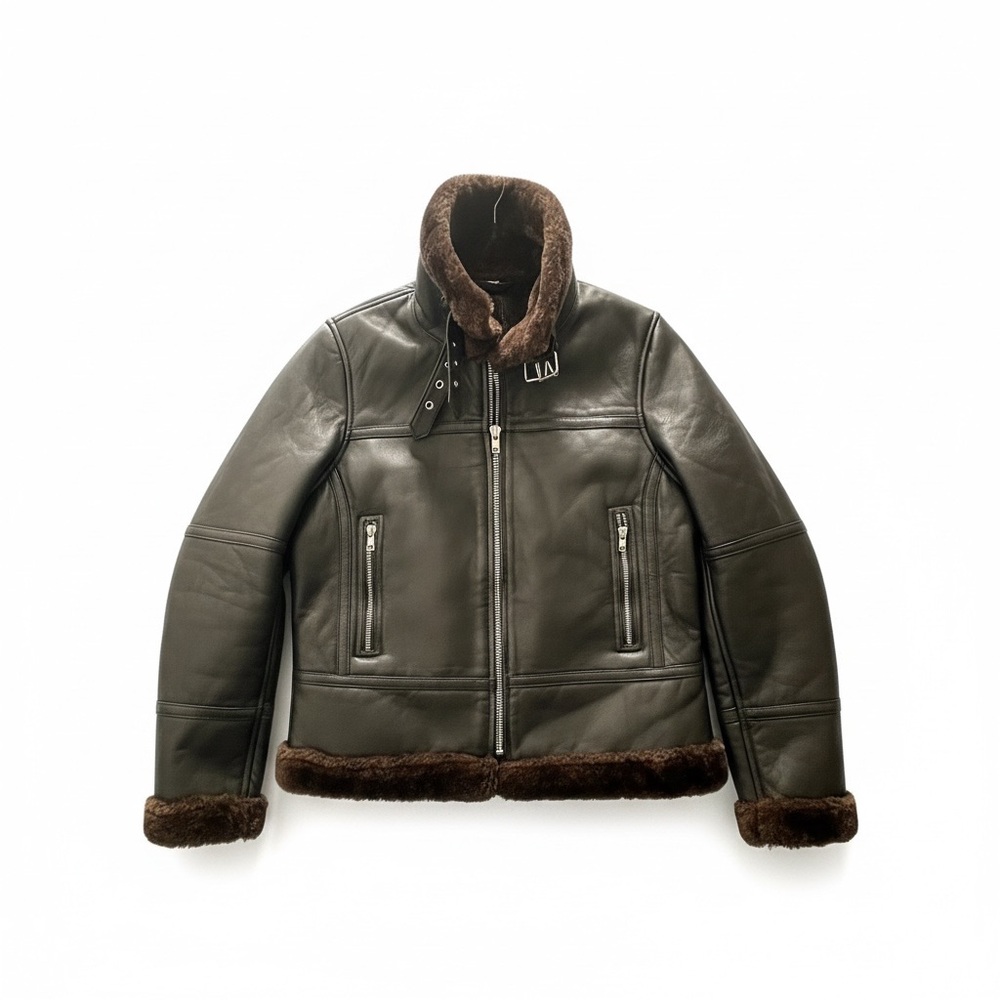 New w/ tag Womens Black Shearling-Trim Leather Bomber Jacket in Size Small